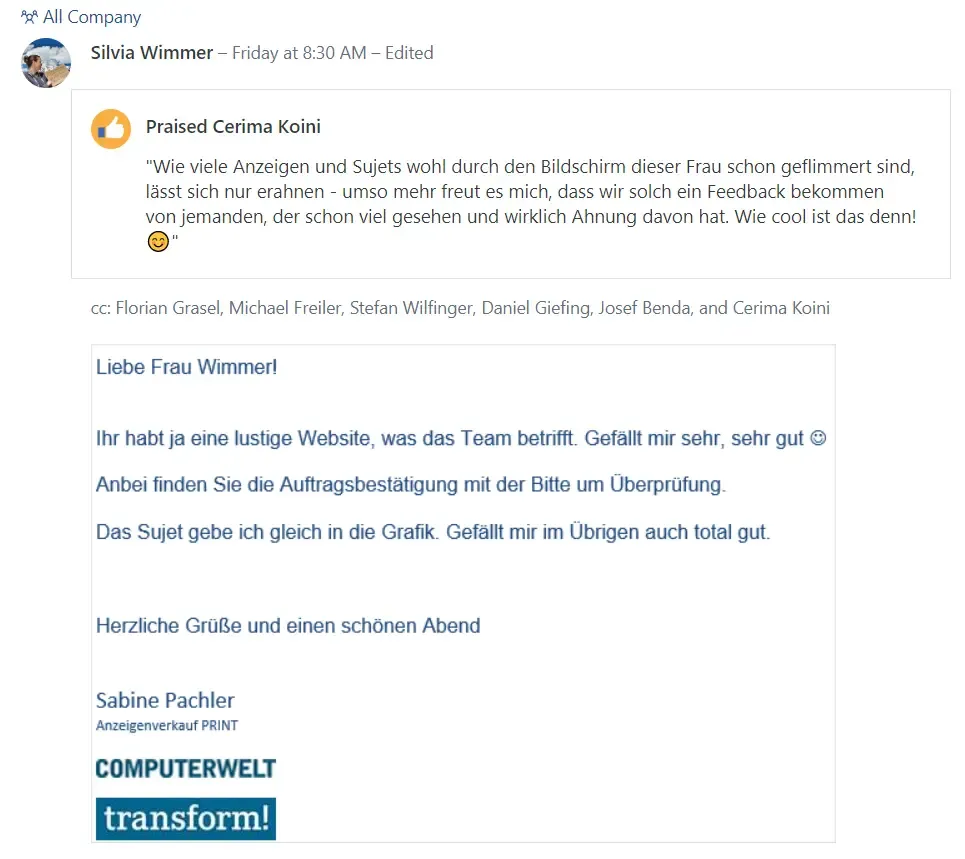 Computerwelt Kundenlob als Beispiel für externe Anerkennung