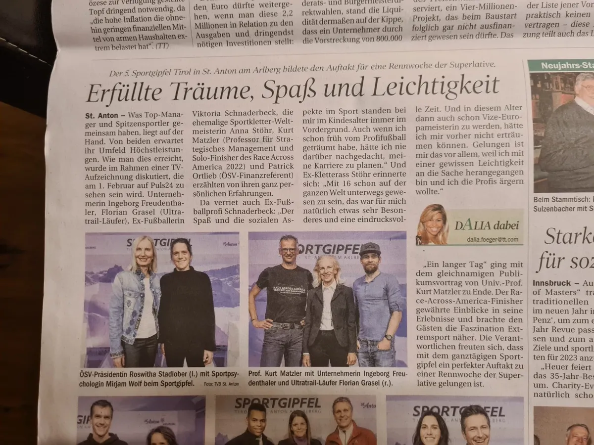 Zeitungsartikel über den Sportgipfel Tirol 2023